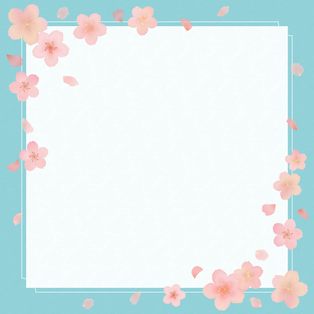桜の花と花びらのフレーム-インスタグラム投稿サイズ-和紙加工-青背景
