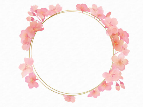 桜の花のゴールド枠の丸型フレーム-フリー素材の無料イラスト